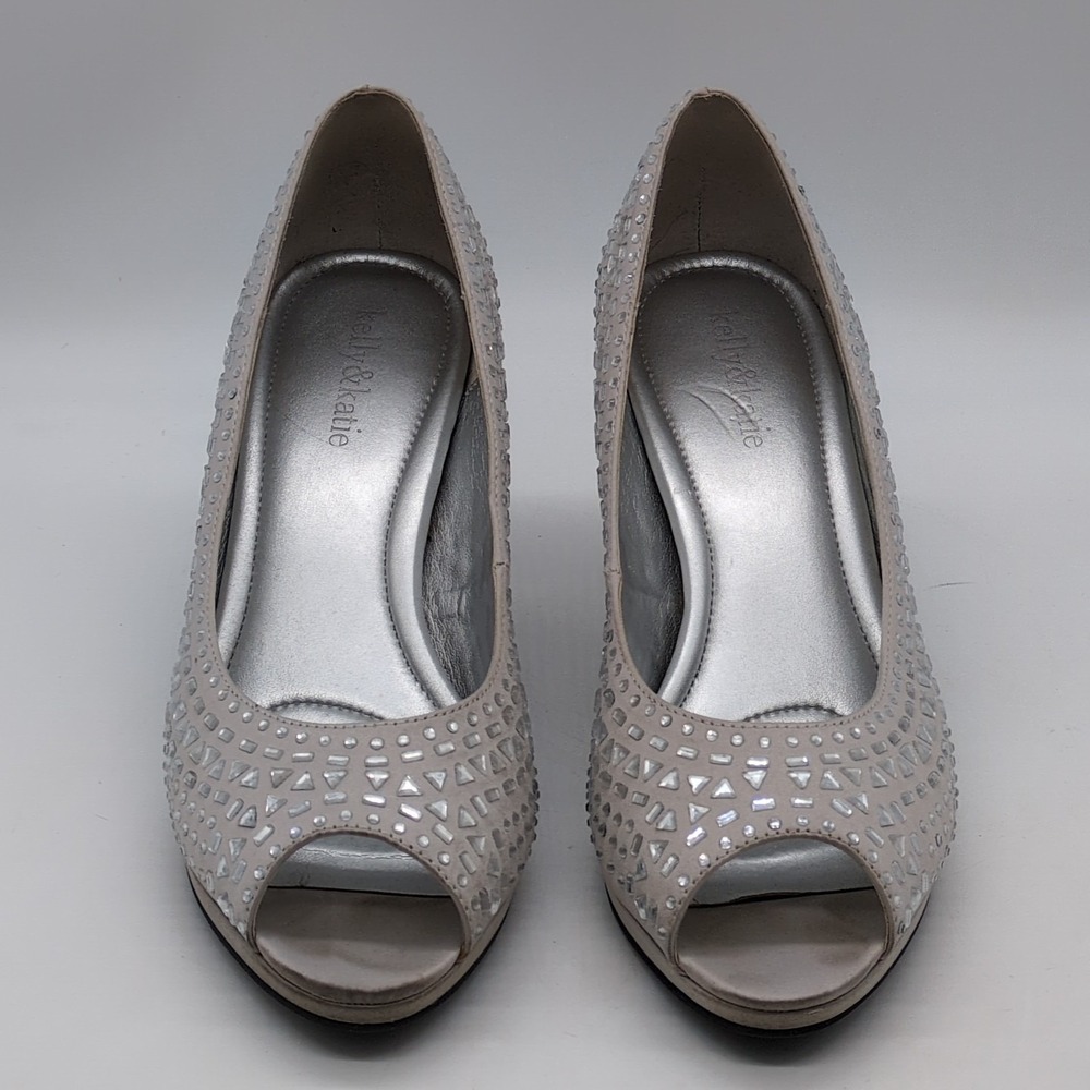 Kelly & Katie Shoes Womens‎ Silver 9 Beaded Pumps Rhinestones Peep Toe Fancy